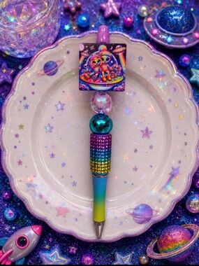 Handmade Sparkling Rainbow Bead Pen - Purple, Teal & Yellow